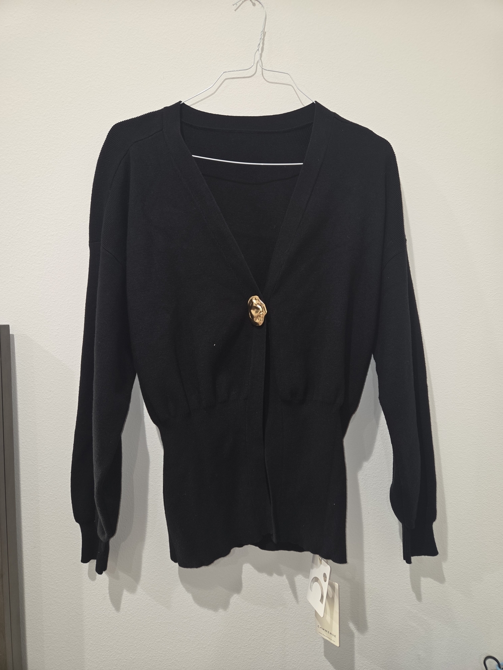 Commense Black V-Neck Cardigan with Gold Accent Button